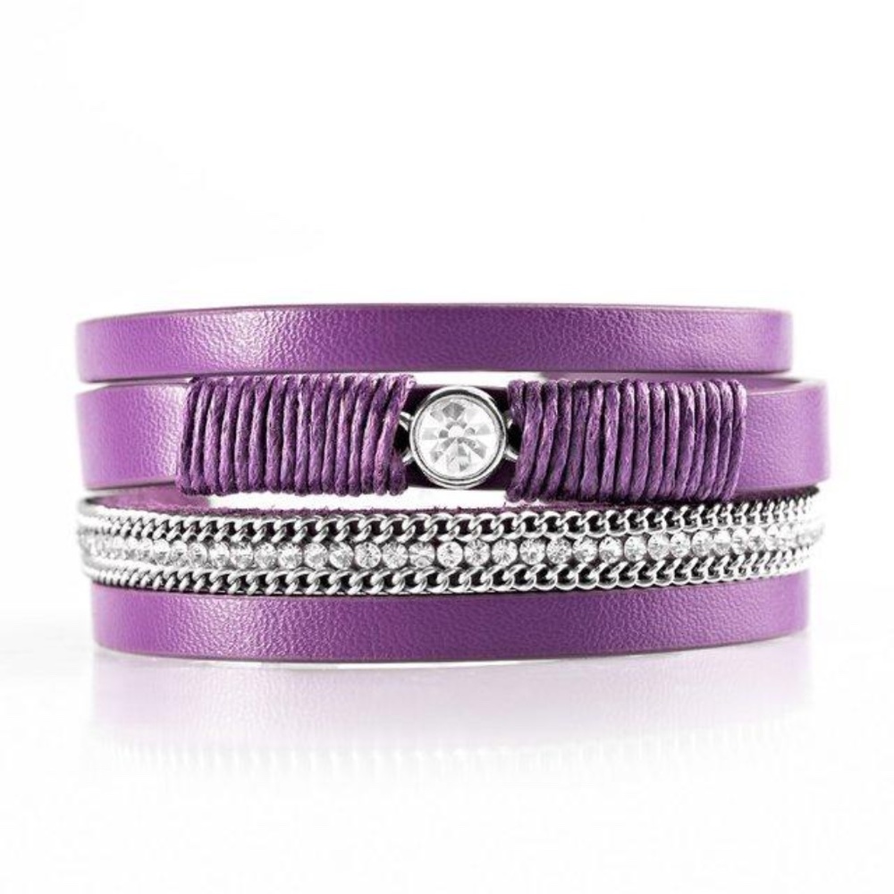 Purple Leather Silver Chain Rhinestone Bracelet